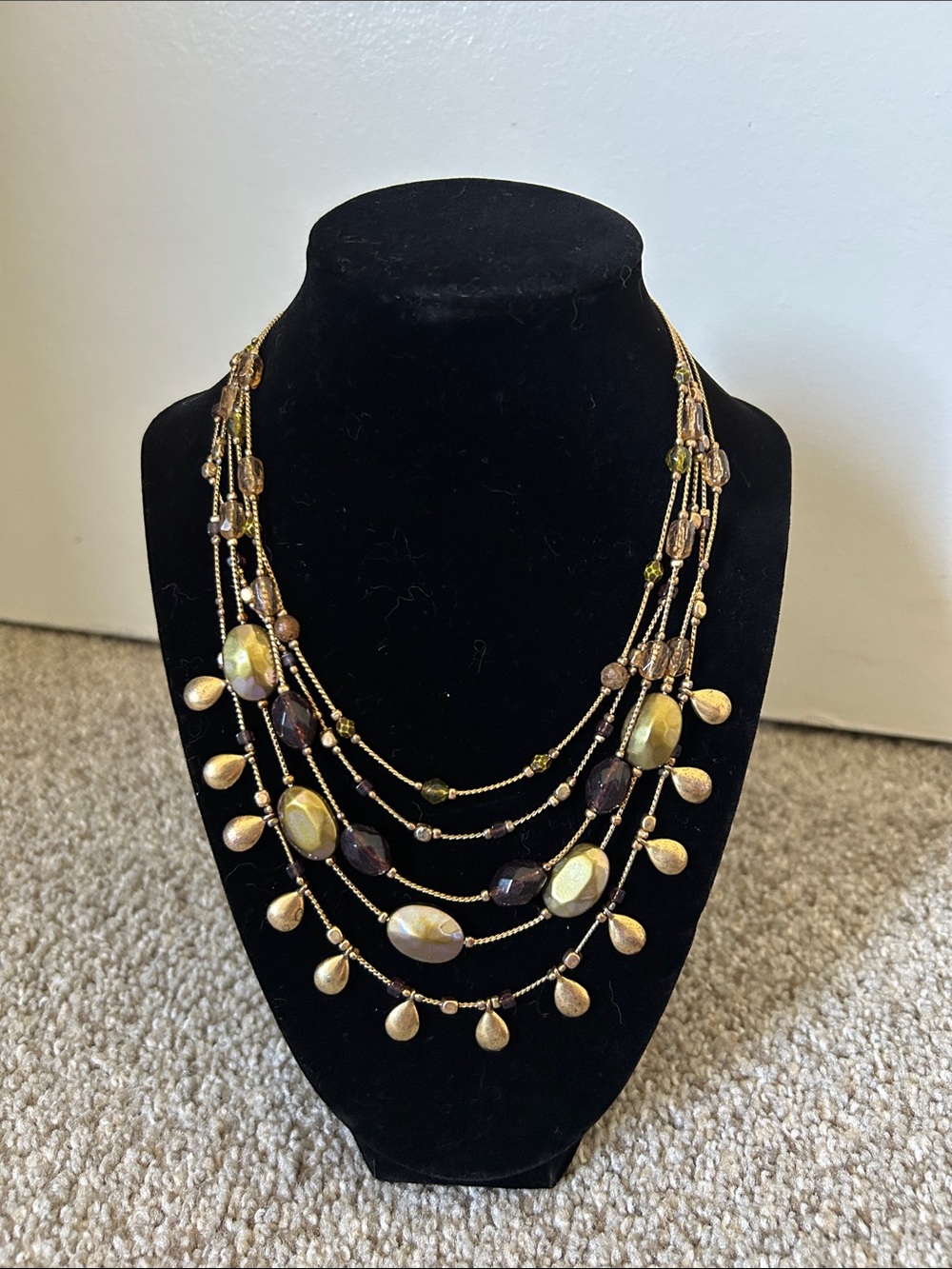 Multi-Strand Gold and Brown Beaded Statement Necklace